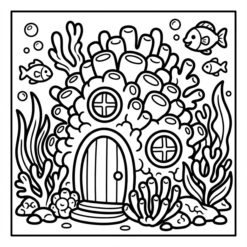 Adorable coral house with a cute door, perfect for thick line coloring pages printable and bold line coloring pages.